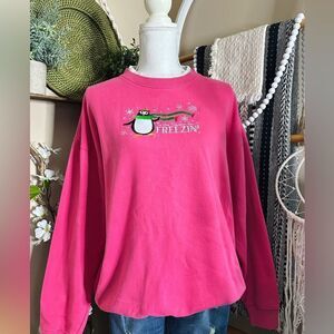 Vintage Christmas Winter Penguin Grannycore Double Crewneck Pink Sweatshirt